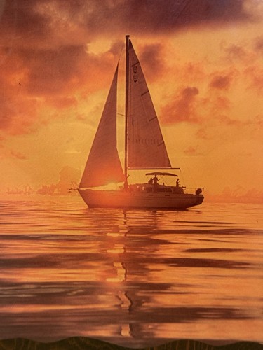 Sailing Boat Sunset Print On Laminated Wood Slab Epoxy Finish 13" H X 10.25" Lon - Picture 2 of 6