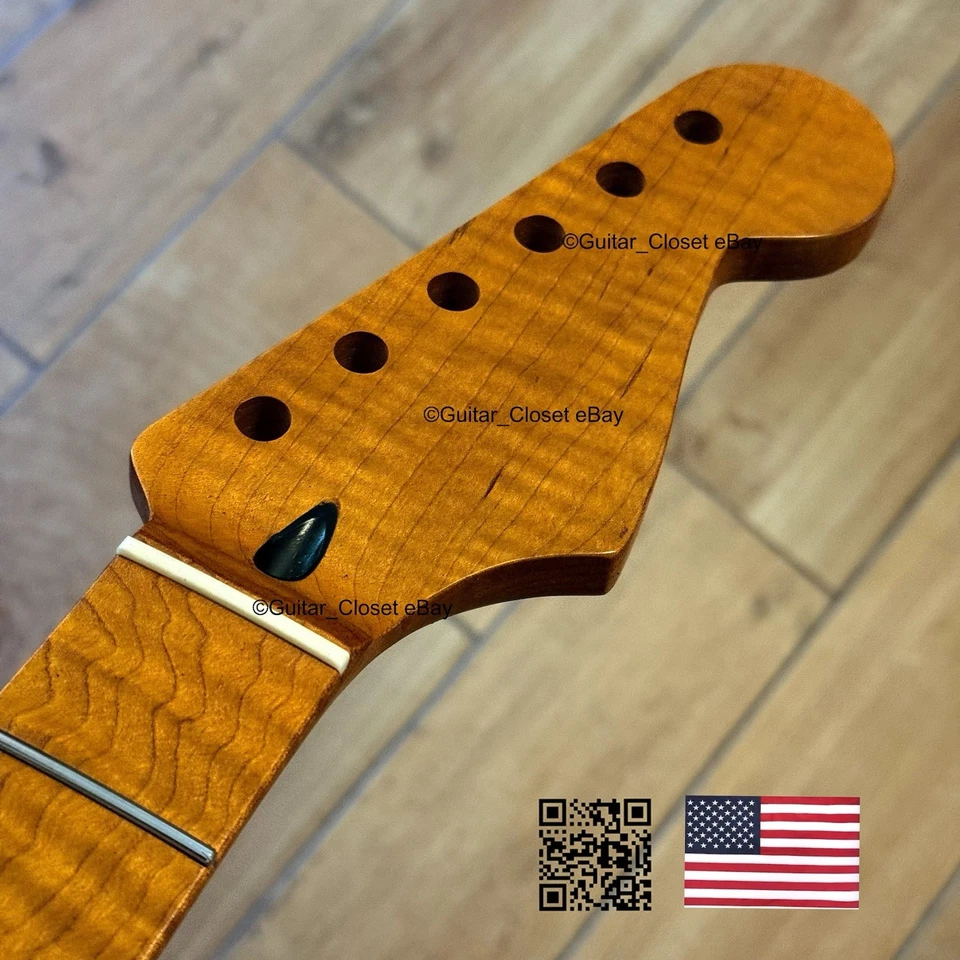 Cuello de guitarra Strat de acero inoxidable de arce con llama tostado nitro satinado se adapta a Fender SM22BL Foto 4 de 4
