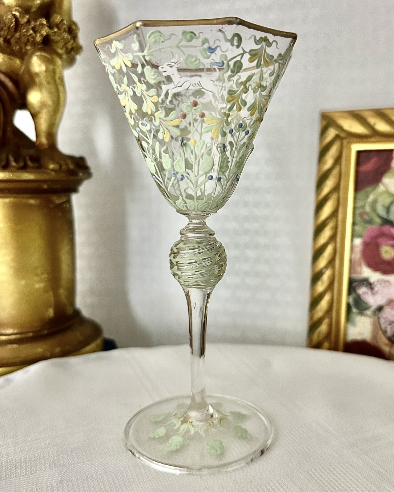 Moser Salvati Canine & Foliate Wine Glass Enameled c1900's Antique Gold Trimmed