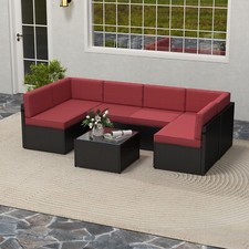 7Pcs Outdoor Patio Furniture Sets PE Wicker Sectional Sofa Set, Black/Burgundy 7Pcs Outdoor Patio Furniture Sets PE Wicker Sectional Sofa Set, Black/Burgundy - Image 1