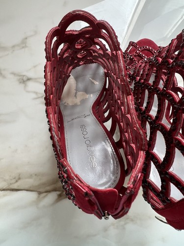Sergio Rossi Mermaid 36.5 6.5 Swarovski Crystal Red Burgundy Cage Shoes - Picture 8 of 16