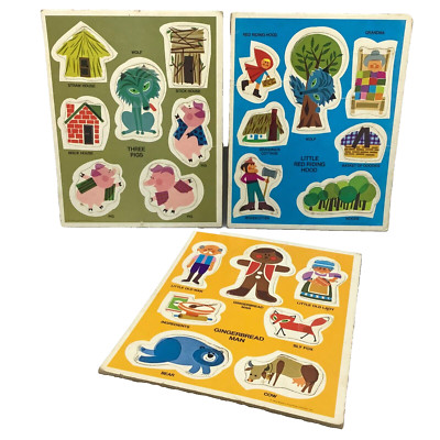 3 Children Story Puzzles Cardboard 7 Pcs Vtg 1972 Gingerbread 3 Pigs Red Riding