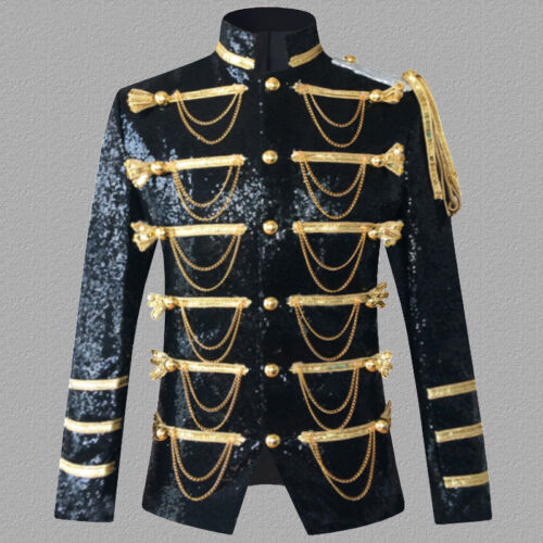 Men Glitter Sequin Hussar Jacket Artillery Military Drummer Steampunk Top Formal - Picture 1 of 11