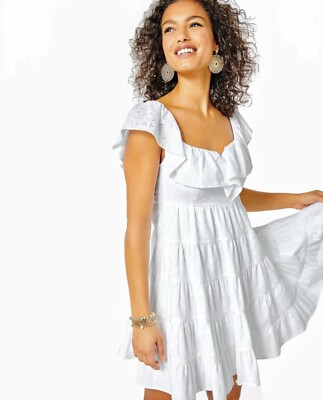 kos resort white eyelet dress Emie Babydoll Dress in White | Size 16, Ditsy Vine Eyelet