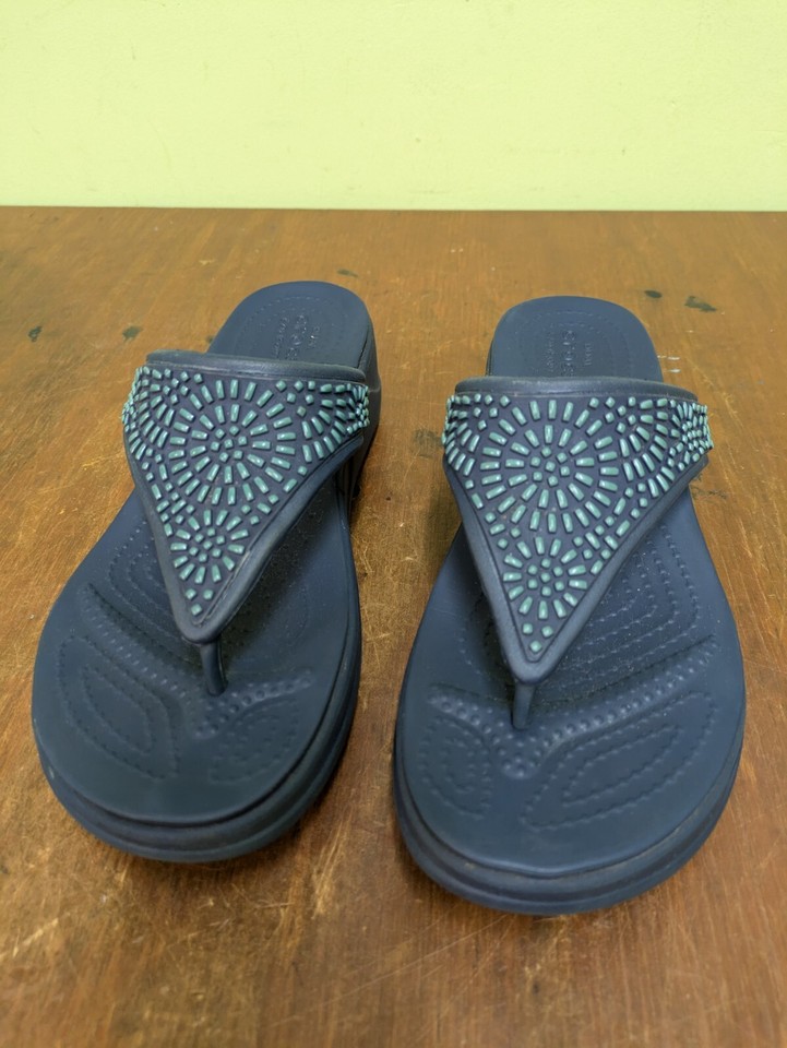 Crocs Monterey Diamante Wedge Sandals Womens 8 Blue Beaded Casual