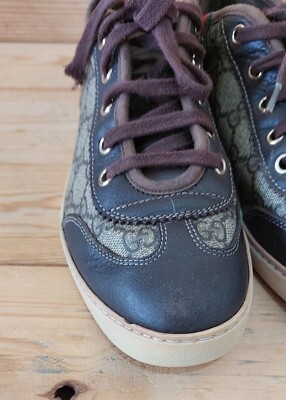 靴 GUCCI AUTHENTIC GUCCI 204283 37 G CANVAS LEATHER LACE UP SNEAKERS SIZE