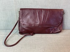 Vintage Burgundy Genuine Leather Clutch Shoulder Snap Close Skinny Strap - FLAWS
