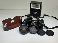 Nikon EM M90 Film Camera 50mm 1:1.8 Lens/Case And With Vivitar49mm Lens/ Flash