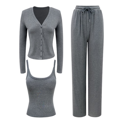 New casual loose knit women's open loop suspender vest wide leg pants three piec - Bild 7 von 27