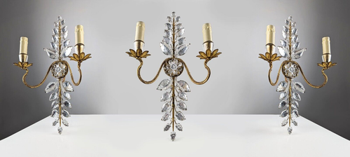 Attribué à la maison Baguès , Paire d'appliques , Bronze et cristal