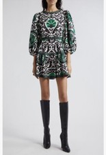 NWT $495 Alice + Olivia Shayla Pleated Long Sleeve Tiered Dress in Green - 10!