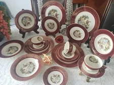 Sebring - Serenade - 19 Piece Dinnerware Set, Burgundy Band with Golden Scrolls