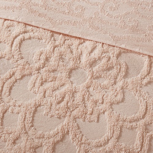 BLUSH PINK CHENILLE 3p Queen COVERLET SET : VINTAGE STYLE COTTON FRINGE - Picture 5 of 9