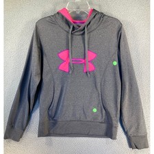Under Armour ColdGear Hoodie Women Med Gray Pink Logo Pullover Sweatshirt FLAWS