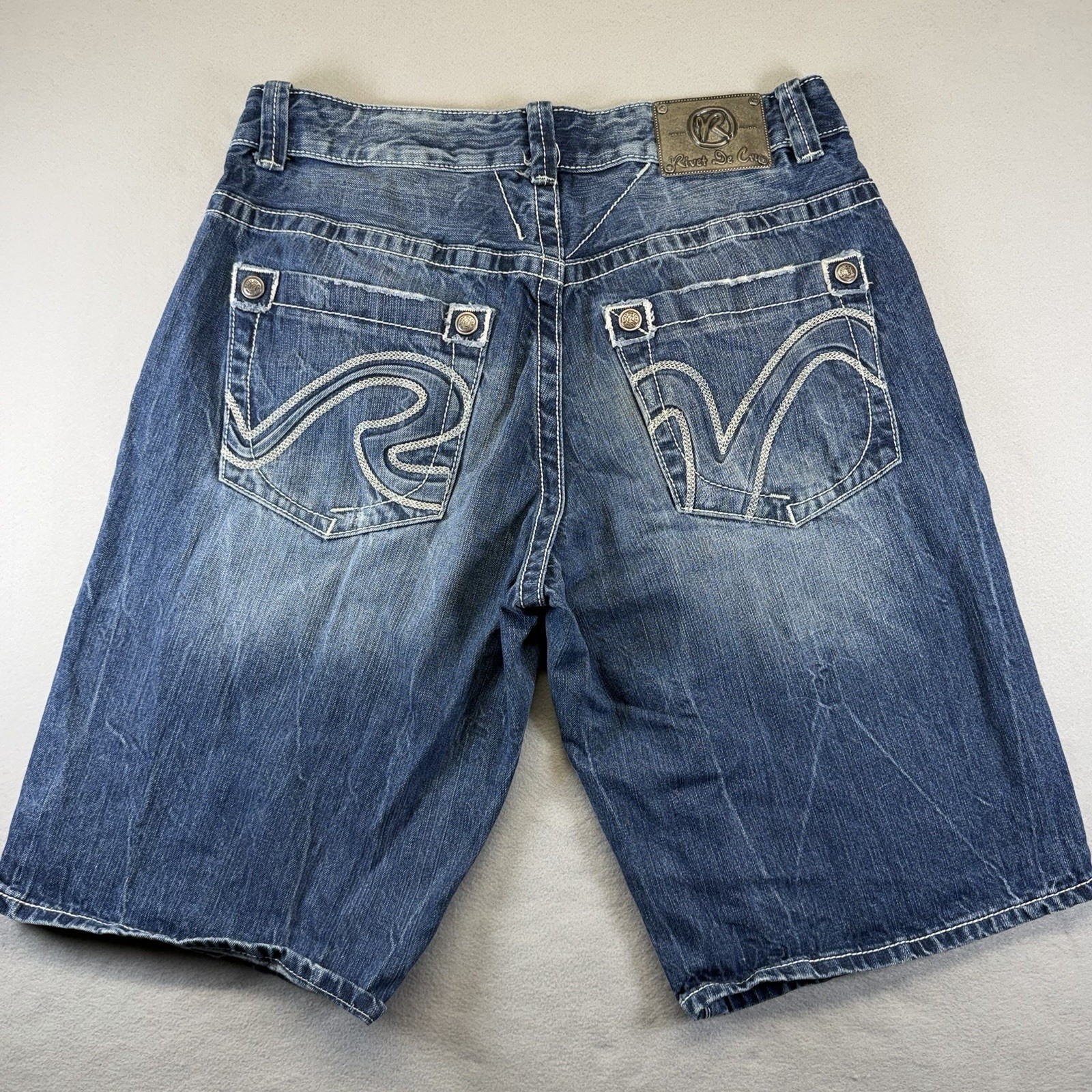 Y2k Rivet De Cru Shorts Embroidered Skater Hip Hop Baggy Denim Jorts 36 (34x13)