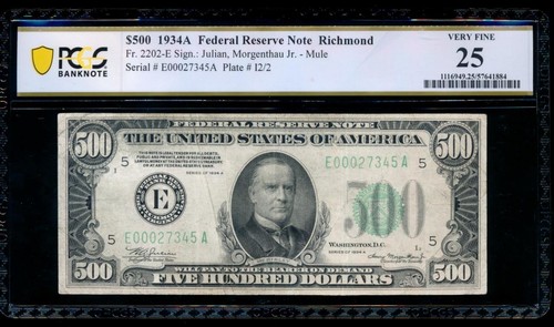 AC 1934A $500 FIVE HUNDRED DOLLAR BILL Richmond PCGS 25