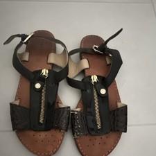 Geox Black Brown Leather Strappy Buckle Zipper Flat Sandals Women EU 37 Casual