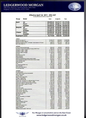 Morgan Prices & Optional Extras 2011 UK Market Single Sheet Brochure In Folder
