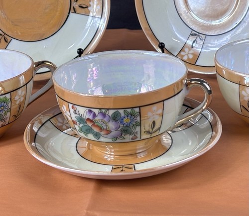 Vintage Set of 3-Hand Painted Tea Cup and Saucer Japanese Flowers - Picture 3 of 10