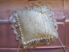 Hand Crafted Heirloom Bridal Square Ring Pillow White Satin Embroidered Pearls