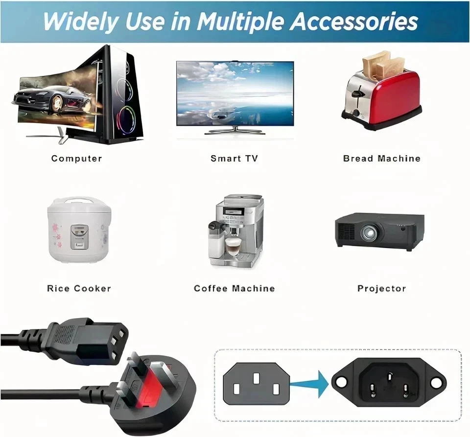 5M, 10M Long 3 Pin Mains Power Lead 3 Prong Plug Cord / C13 to UK 3 Pin Plug UK - Image 4 of 4