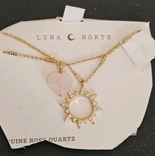 Luna Norte Rose Quartz Heart Rhinestone Sun NECKLACE SET New