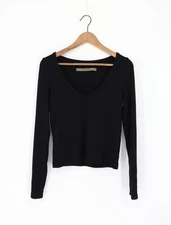 ENZA COSTA Long Sleeve Scoop Neck Knit Top Black S $164 C1 274