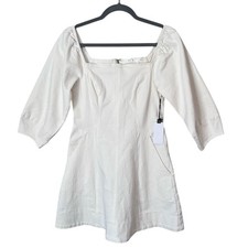 ASTR The Label NEW Rabia Denim Puff Sleeve Square Neck Mini Dress White Size S