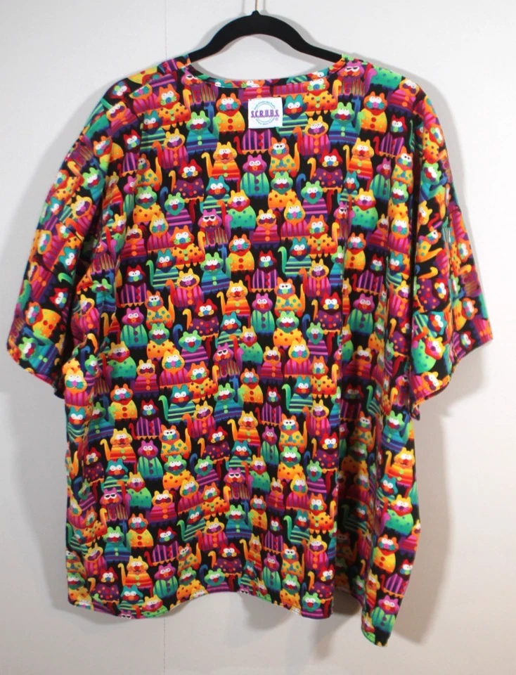 S.C.R.U.B.S. Women's Size 3XL Cat Themed Scrub Top Pockets Colorful Cats  - Image 3 of 4