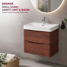 Image of 600mm Wall Hung Vanity Unit Redwood Effect Resin Basin 2 Drawer Storage