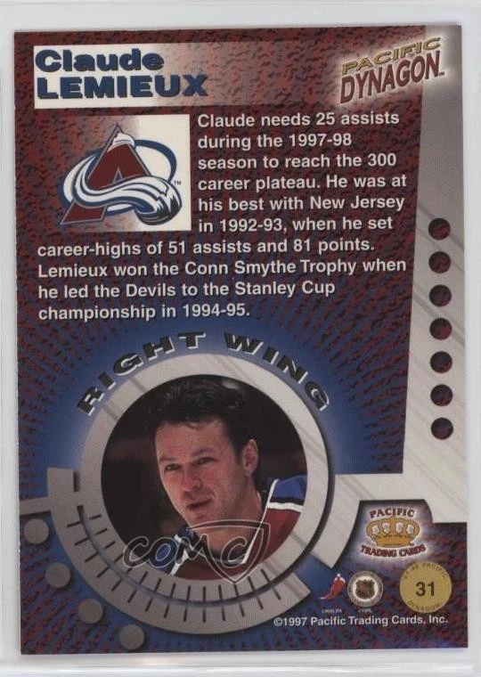 1997-98 Pacific Dynagon Red Claude Lemieux #31 - Image 2 of 2