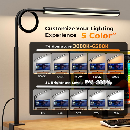 Lámpara de Escritorio LED con Abrazadera - Cuello de Cisne Flexible - 5 Modos de Iluminación, 11 Brillos - Imagen 8 de 12