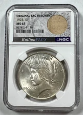 1923 Silver Peace Dollar – NGC MS63 BullionPLUS, Original US Mint Bag Fragment