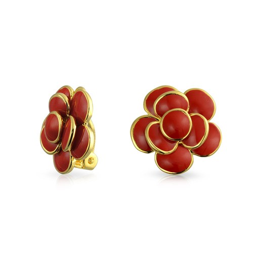 Red or Blue Turquoise Color Enamel Rose Flower Spring Retro Clip On Earrings - 第 1/14 張圖片