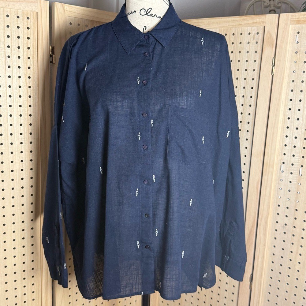 ZARA Basic Navy Embroidered Button Down Shirt Lon… - image 2