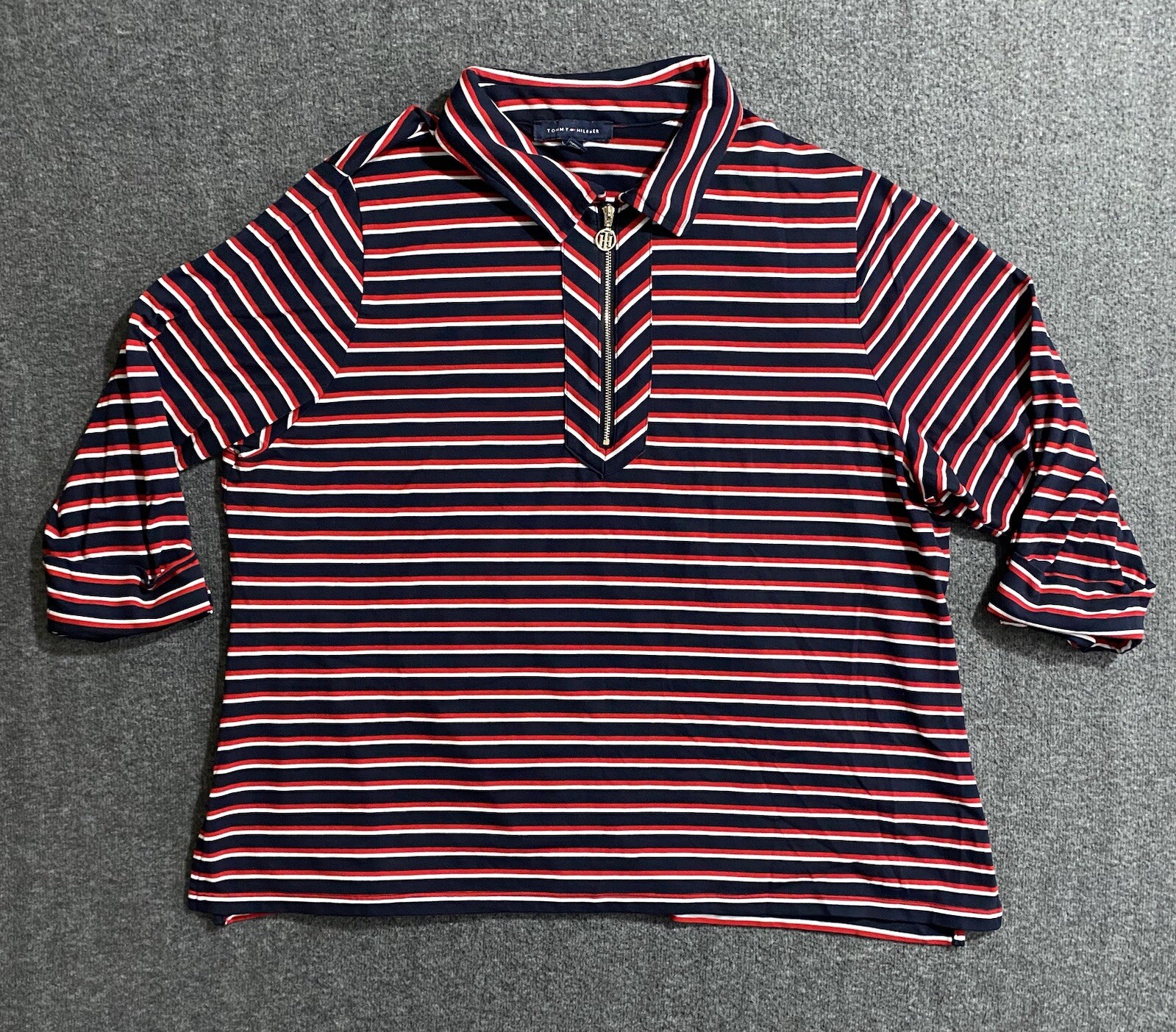Tommy Hilfiger Womens XL Blue Red Stripe Patriotic Zip Henley Tunic Shirt