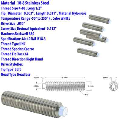 18-8 STAINLESS STEEL 4-40 x 1/2 Socket Nylon-Tip Set Screw Coarse (SELECT QTY)