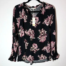 C&C California Blouse Sz M New Long Slv Black Floral Career Casual Feminine Soft