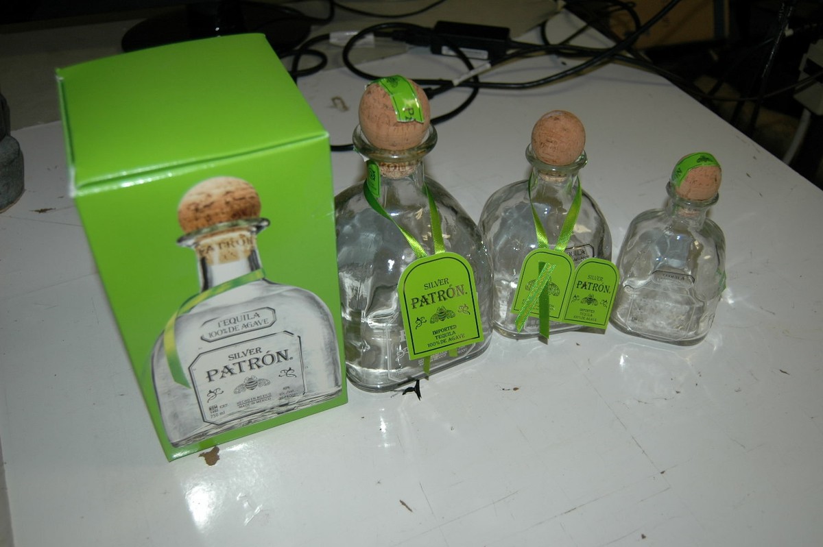 Lot of Empty Tequila Silver Patron Bottles Box Various Sizes