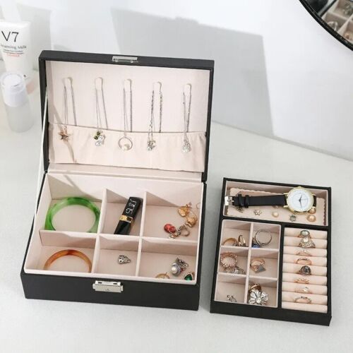 2 Schichten Große Schmuckkästchen Leder Aufbewahrungsbox Ringe Halsketten Organizer - Bild 5 von 13