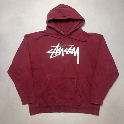 Vintage Stussy Pullover Hoodie Sweatshirt Tag Logo Maroon L