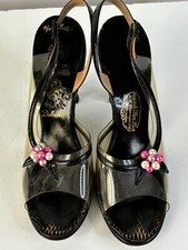 VTG 40'S-50'S PEACOCK SHOES BLACK PINK PEARL VINYL LEATHER SLINGBACK HEELS 6.5 N