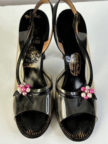 VTG 40'S-50'S PEACOCK SHOES BLACK&PINK PEARL VINYL&LEATHER SLINGBACK HEELS*6.5 N