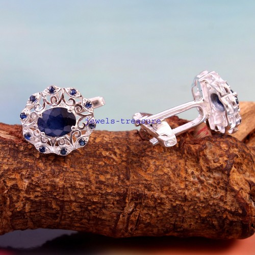 Natural Blue Sapphire Gemstones with 925 Sterling silver Cufflinks for Men's #30 - Picture 2 of 5