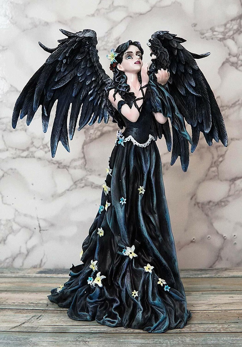 Gothic Raven Crow Angel in Black Floral Gown Statue 11.5