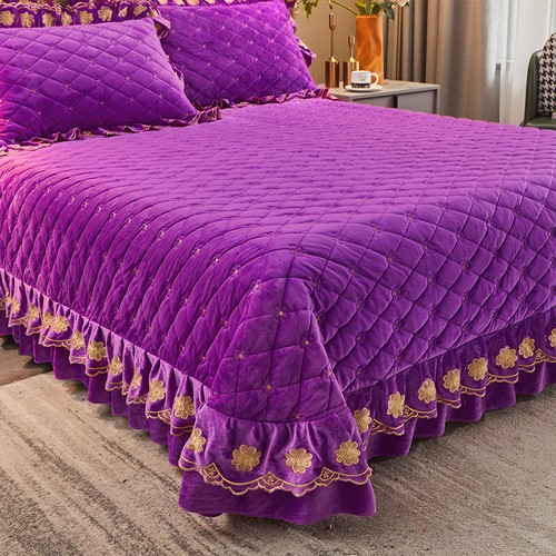 Embroidered Thick Crystal Velvet Bedspread Set Quilted Queen King Size Coverlets - Picture 36 of 68