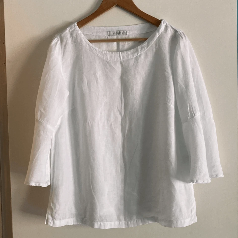 Cut Loose Size S White Linen Shirt Flare Sleeve Pullover Blouse - Image 3 of 4