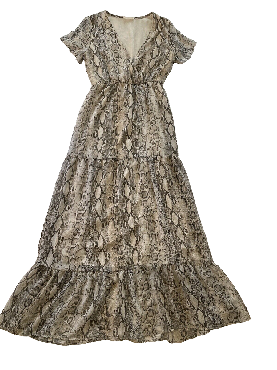 Bohme Women's Maxi Dress Small Tan & Black Snake Skin Short Sleeve Elastic  Waist