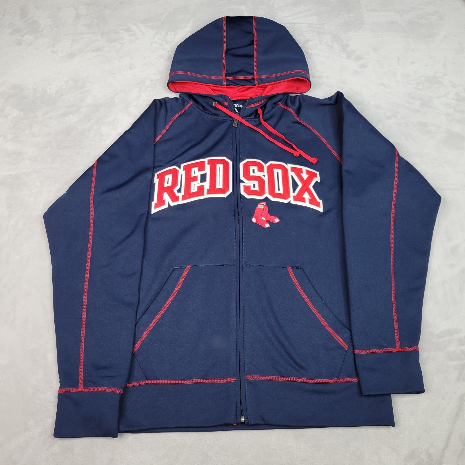 Boston Red Sox Hoodie Men Medium Blue Zip Sweater Sweatshirt Patch Stitch  Adult