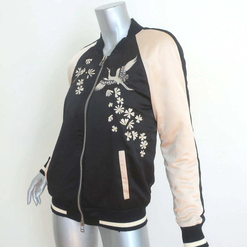 Chaqueta Bomber Pam & Gela Crystal Crane Bordada Satén Negra/Crema Talla Pequeña Foto 3 de 4